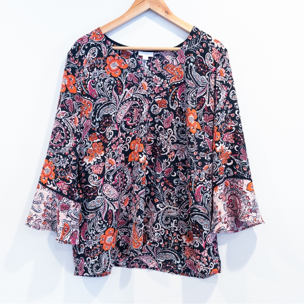 J. Jill Black Pink Paisley Floral Boho Chic Bell Sleeve V Neck Blouse XL